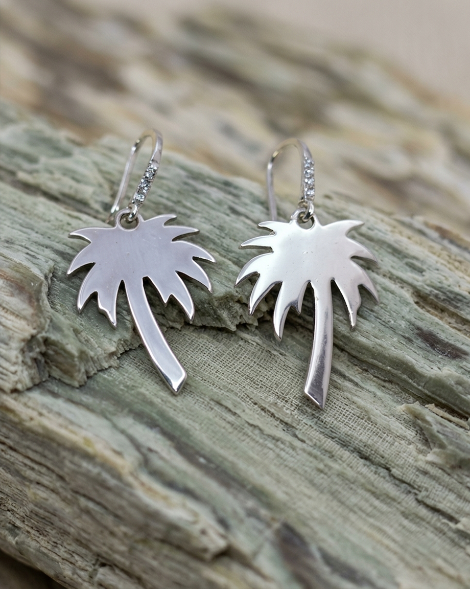 E11 Palm Tree CZ Drop Earrings in 925 Sterling Silver