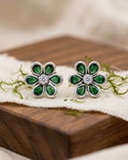 HT04 Emerald Green Pear CZ Floral Stud Earrings