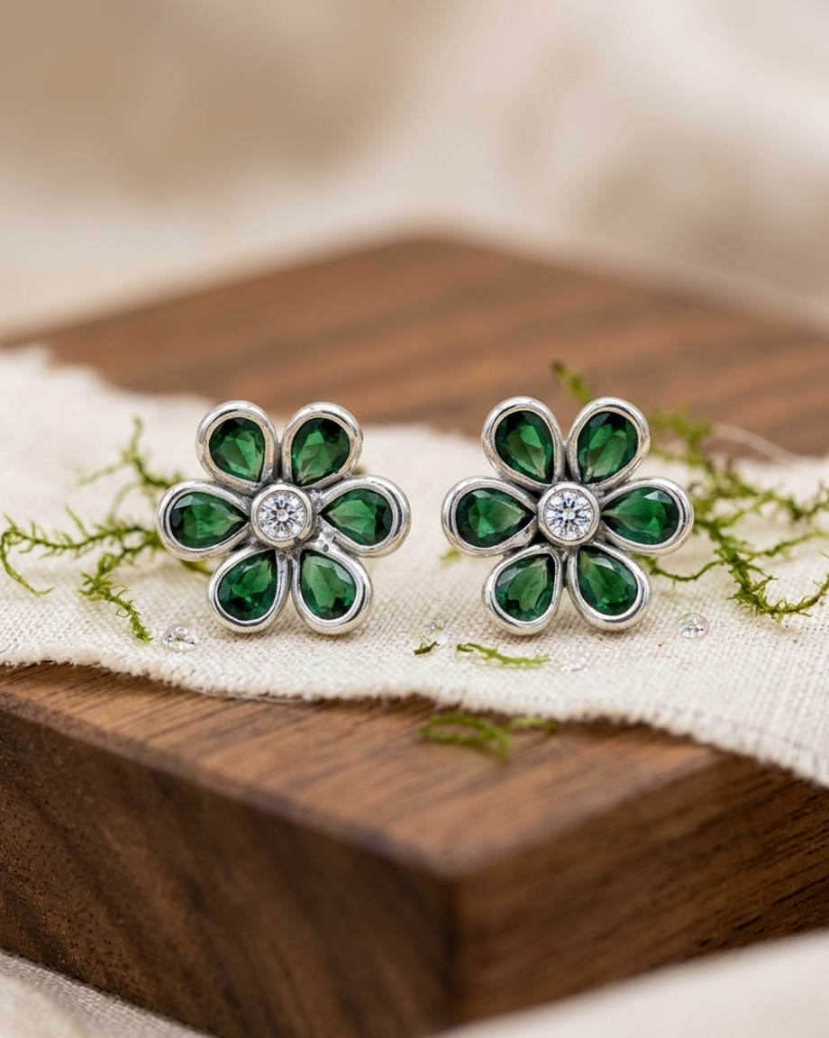 HT04 Emerald Green Pear CZ Floral Stud Earrings