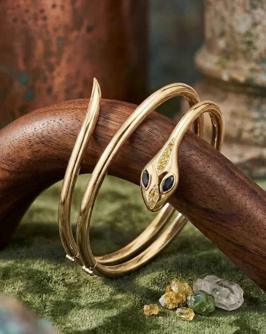 GBA01 Oval Shape Emerald & Diamond Snake Bangle Bracelet