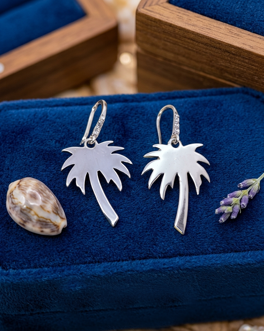 E11 Palm Tree CZ Drop Earrings in 925 Sterling Silver