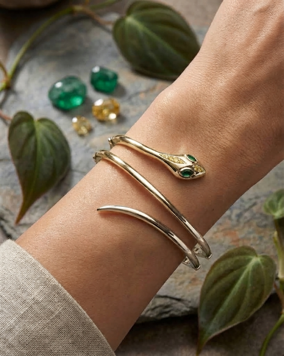 GBA01 Oval Shape Emerald & Diamond Snake Bangle Bracelet