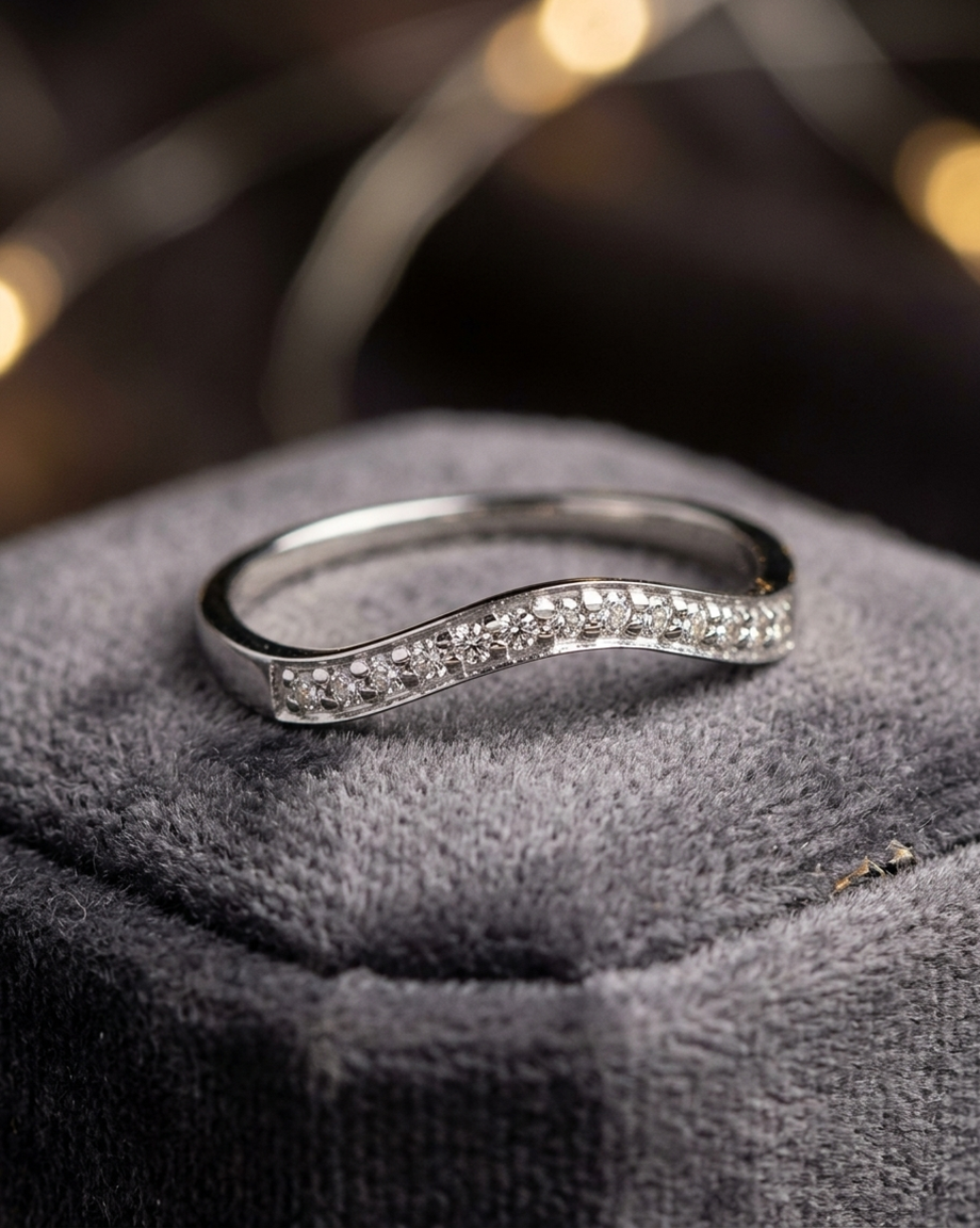 R56 Wave Diamond Ring – Curved Pavé CZ Band in Sterling Silver