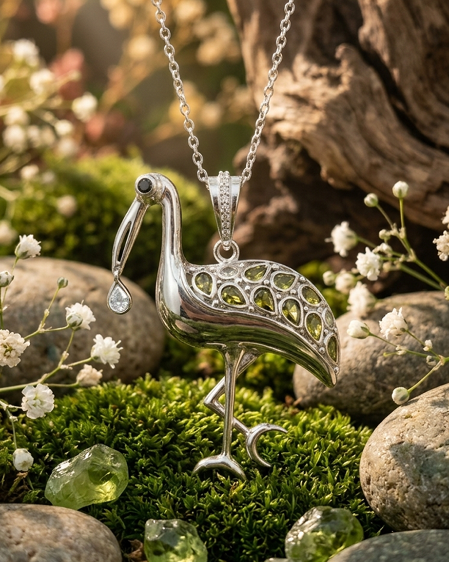P03H CZ. & Black SpinalCranes Bird Pendant Necklash