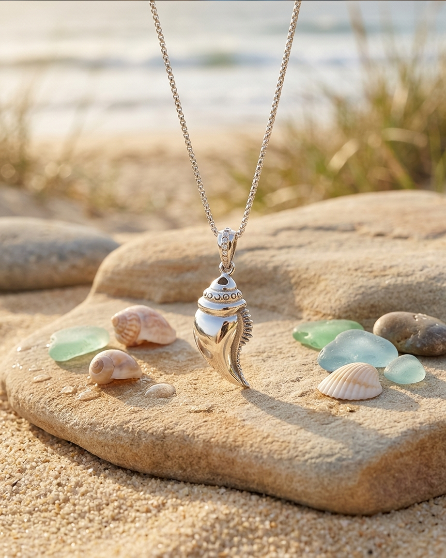 E06P Black Spinal & CZ Shell Pendant Necklace